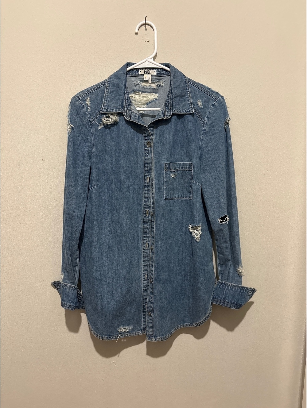 Paige Distressed Denim Shirt Jacket Size S
